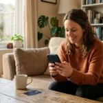 An off-center photo of a person on a couch looking at their phone next to a coffee cup and a credit card in soft morning light.