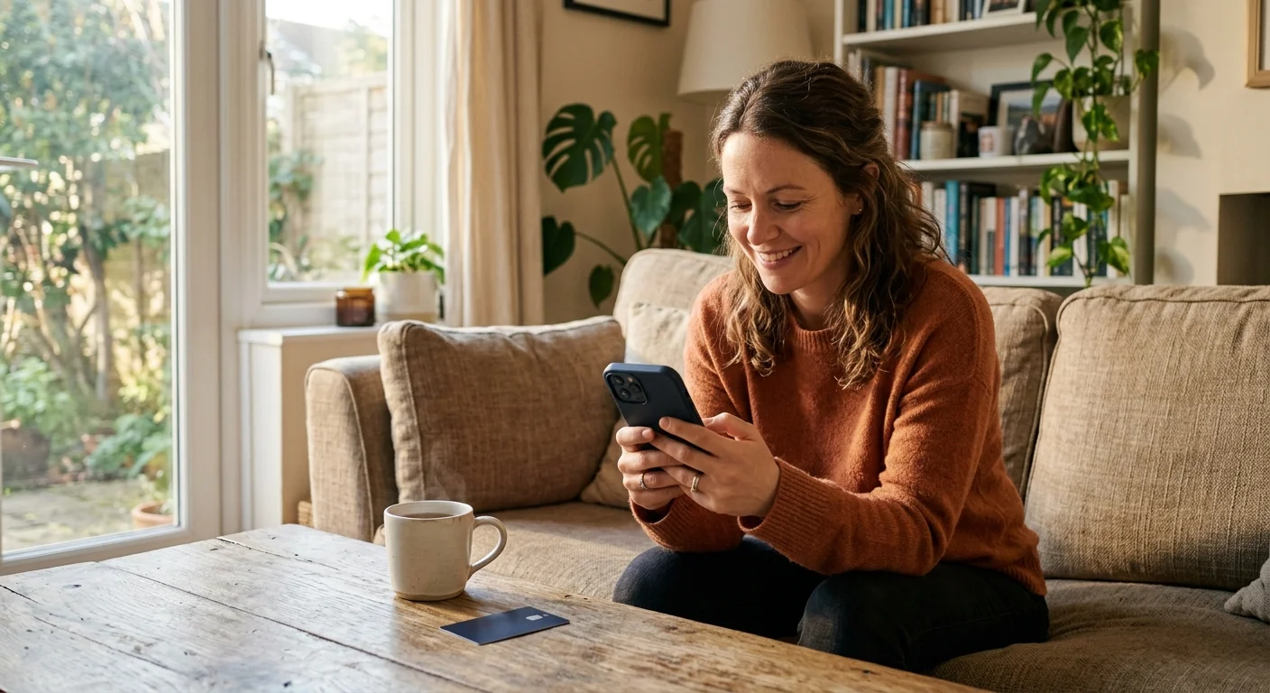 An off-center photo of a person on a couch looking at their phone next to a coffee cup and a credit card in soft morning light.