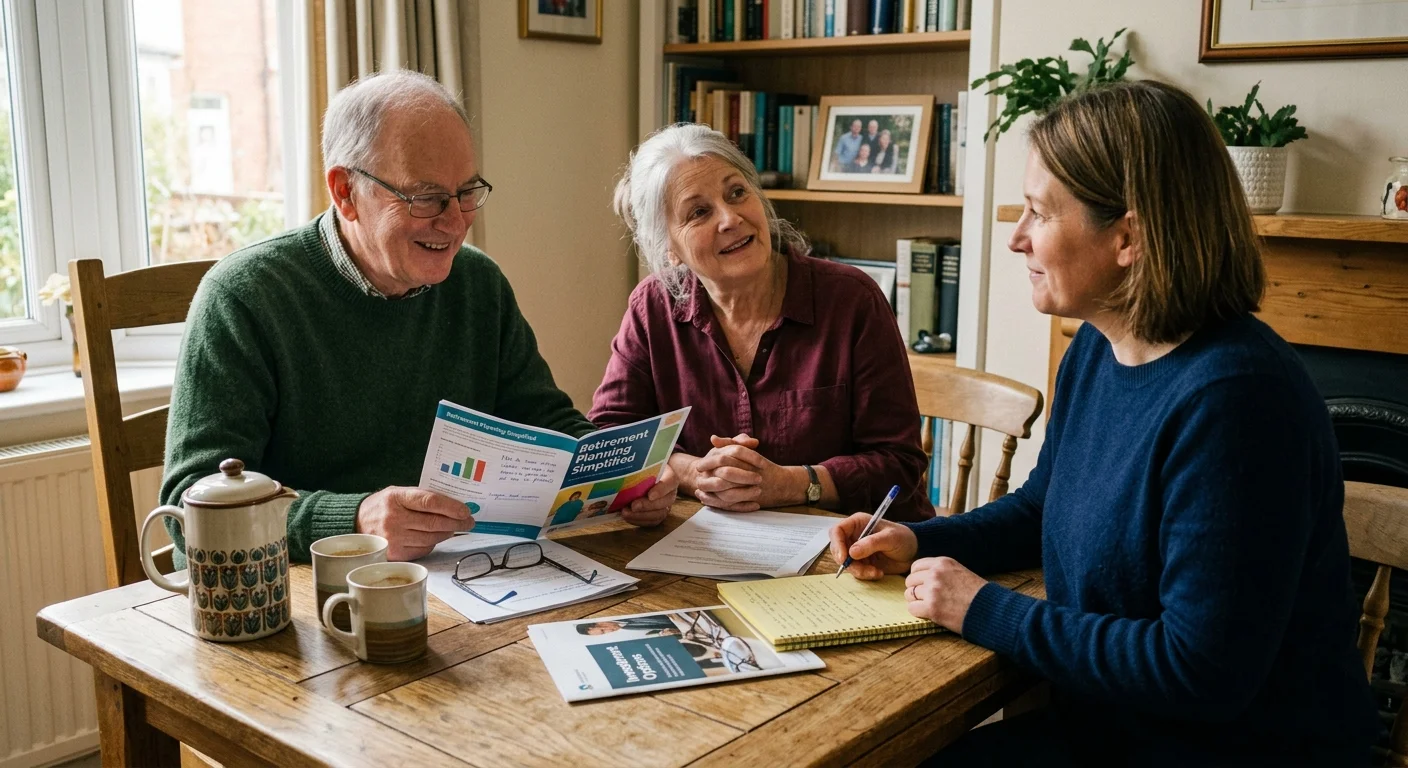 An older couple smiles with relief while discussing financial plans at home with an advisor over coffee.