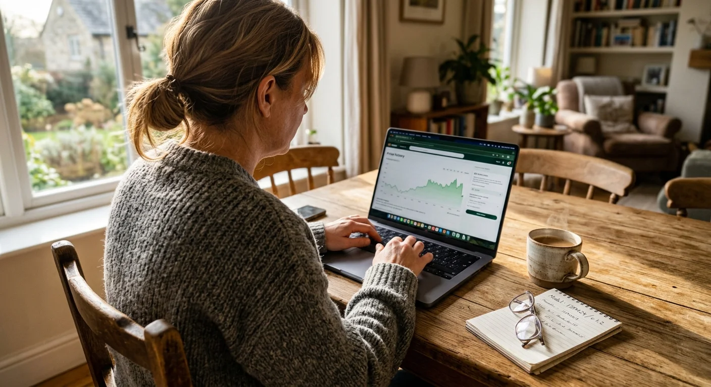 An over-the-shoulder shot of a person using a laptop at a kitchen table to check a product's price history chart.