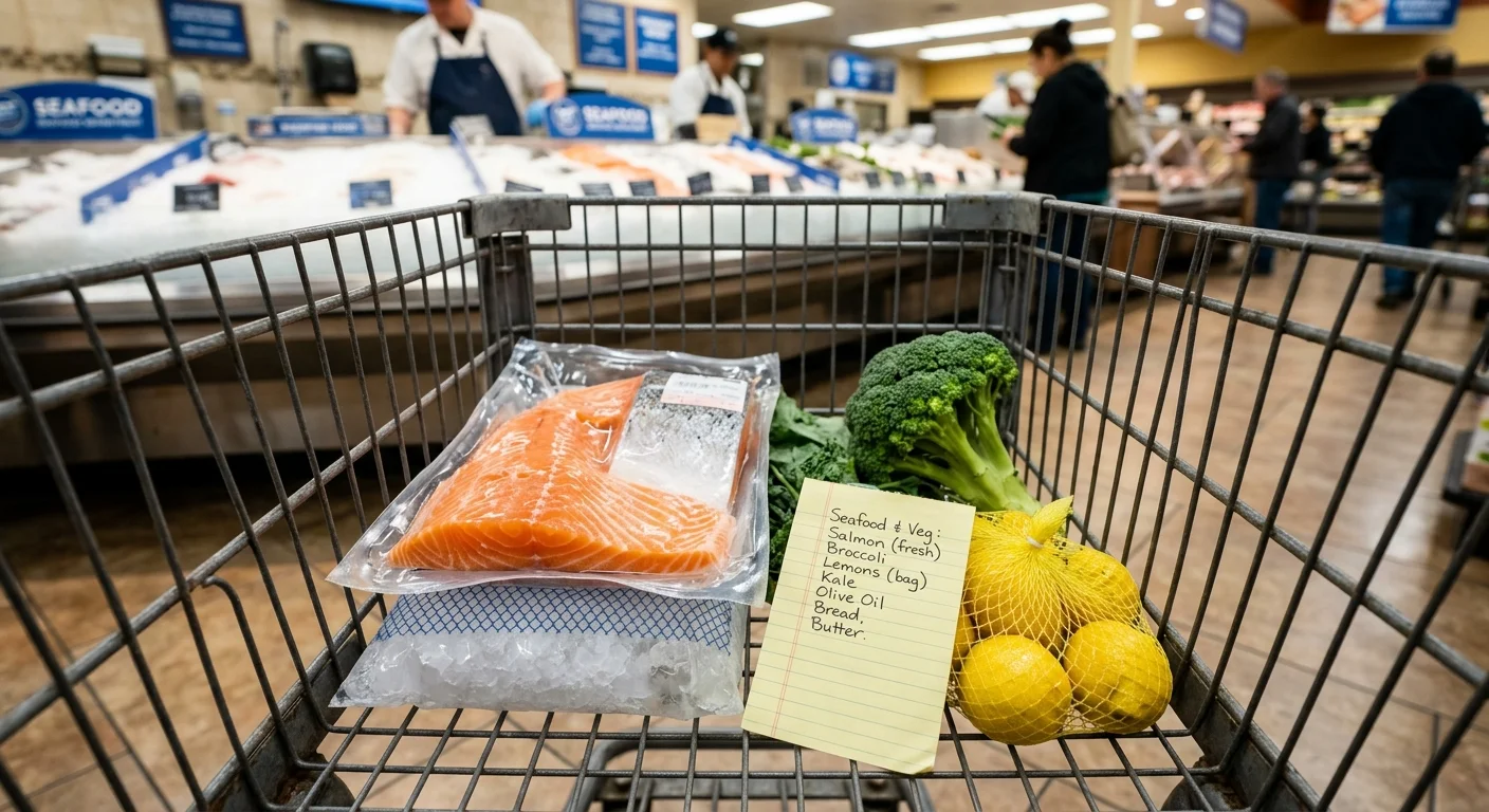 An overhead snapshot of a grocery cart holding fresh salmon, broccoli, lemons, and a handwritten shopping list in a store.