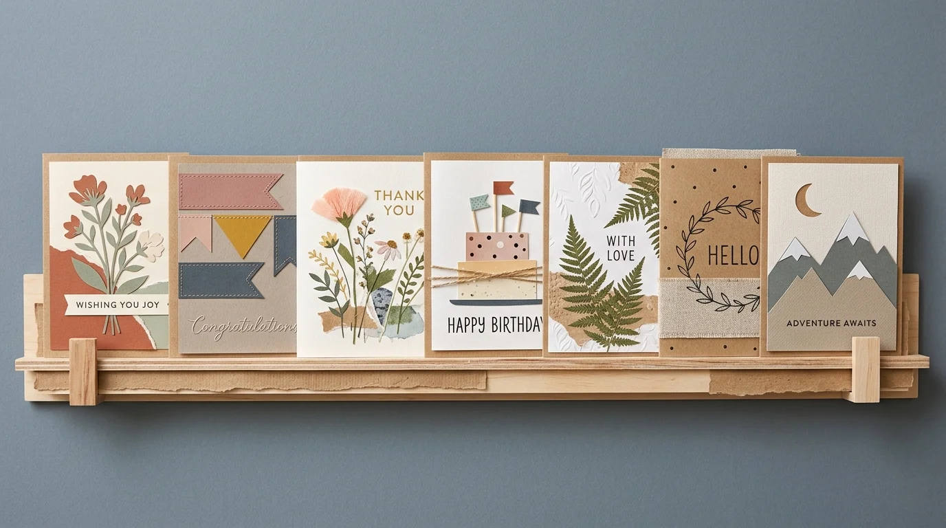 Assorted papercraft and collage greeting cards lined up along a narrow wooden display shelf against a blue wall.