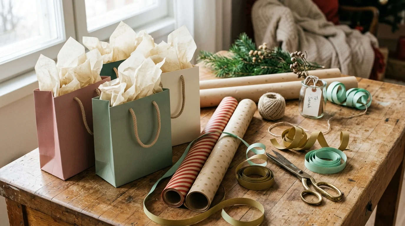 Pastel gift bags with tissue paper, wrapping paper rolls, scissors, ribbon, and twine on a rustic wooden table.