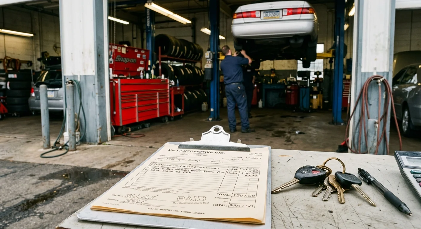 Clipboard with an itemized auto repair invoice resting on a counter in front of an active repair garage bay.