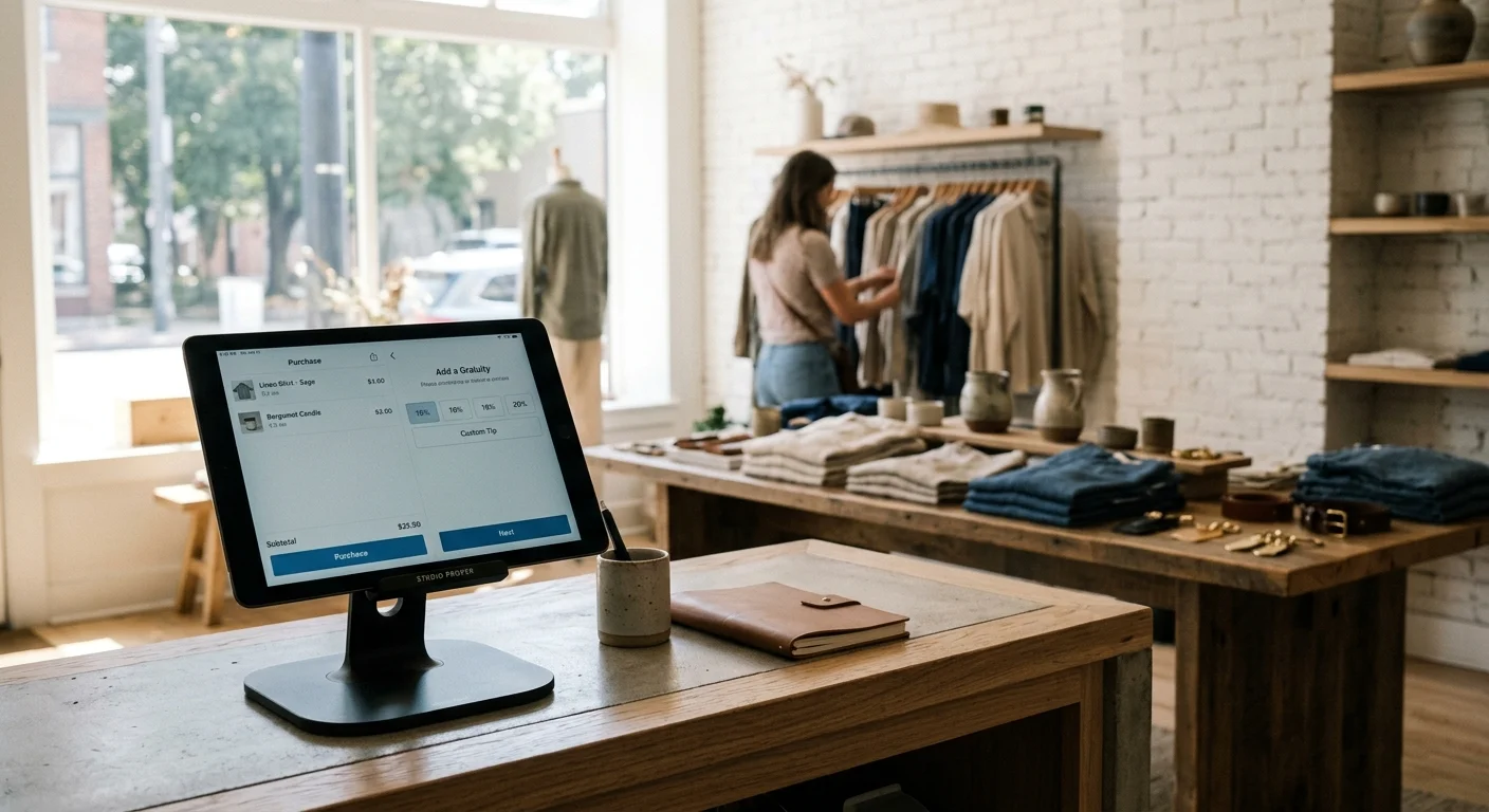 Digital checkout terminal displaying a tip prompt on a wooden counter inside a clothing boutique.