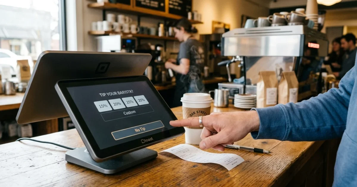 A customer presses the No Tip option on a digital payment screen at a coffee shop counter.