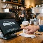 A customer presses the No Tip option on a digital payment screen at a coffee shop counter.