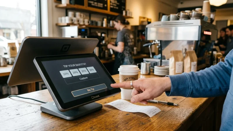 A customer presses the No Tip option on a digital payment screen at a coffee shop counter.