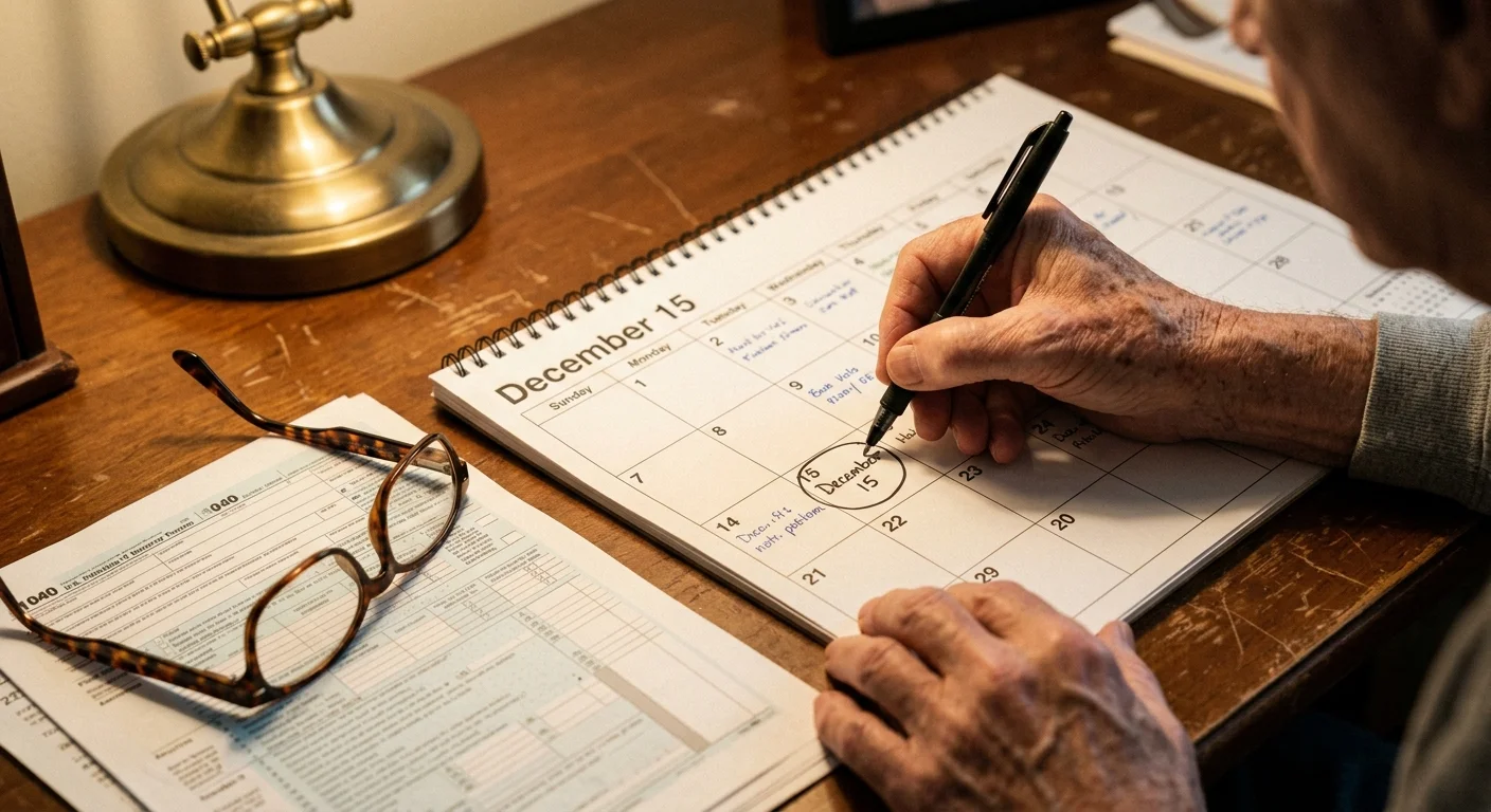 Close-up of an older hand circling a key deadline on a paper desk calendar with a pen.