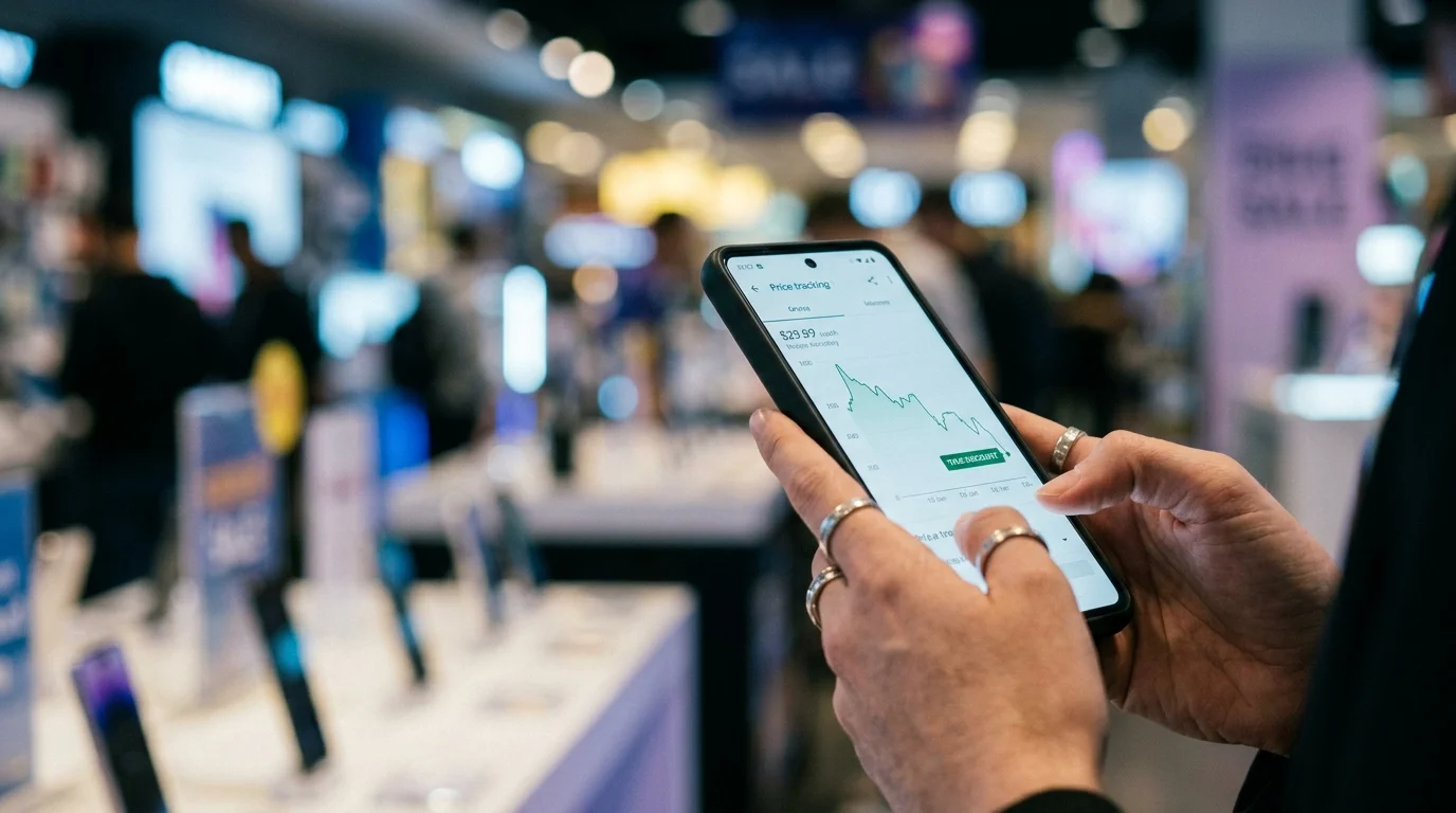 Close-up of hands holding a smartphone in a retail store, checking a clean price-tracking graph.