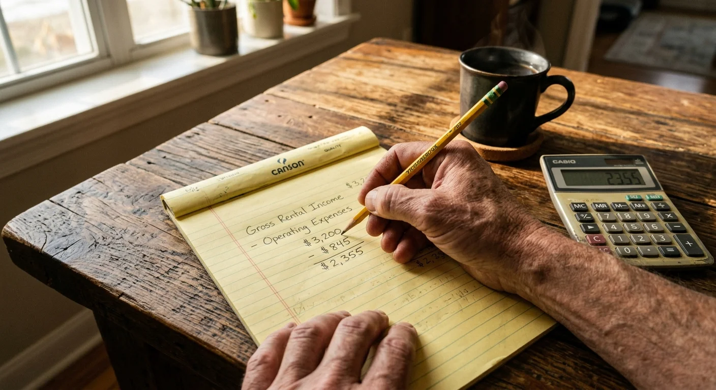 Close-up of hands using a pencil to write rental income and operating expense calculations on a yellow legal pad in morning light.