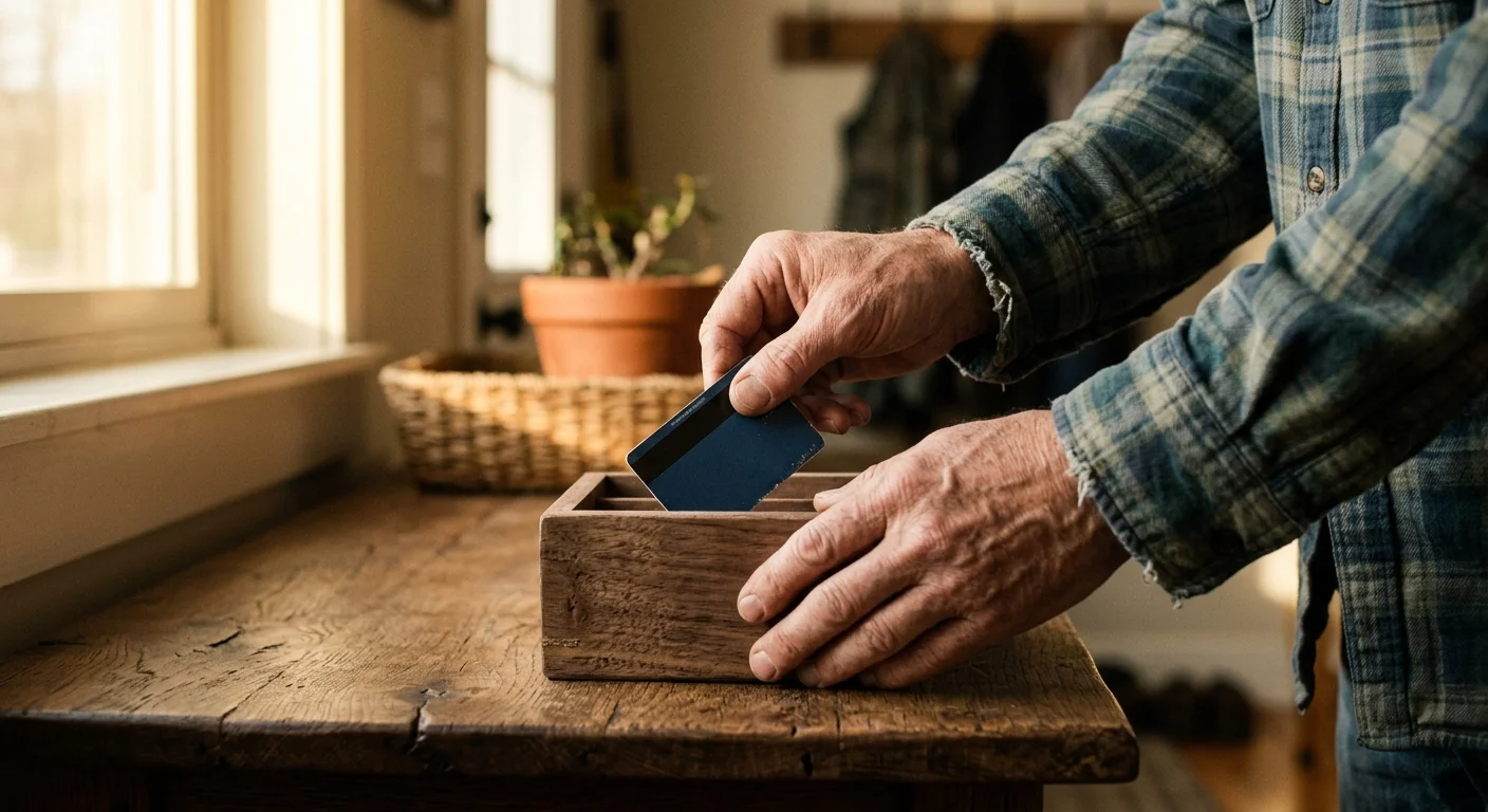 Close-up photograph of hands putting a credit card inside a small wooden box on a rustic table in warm morning light.