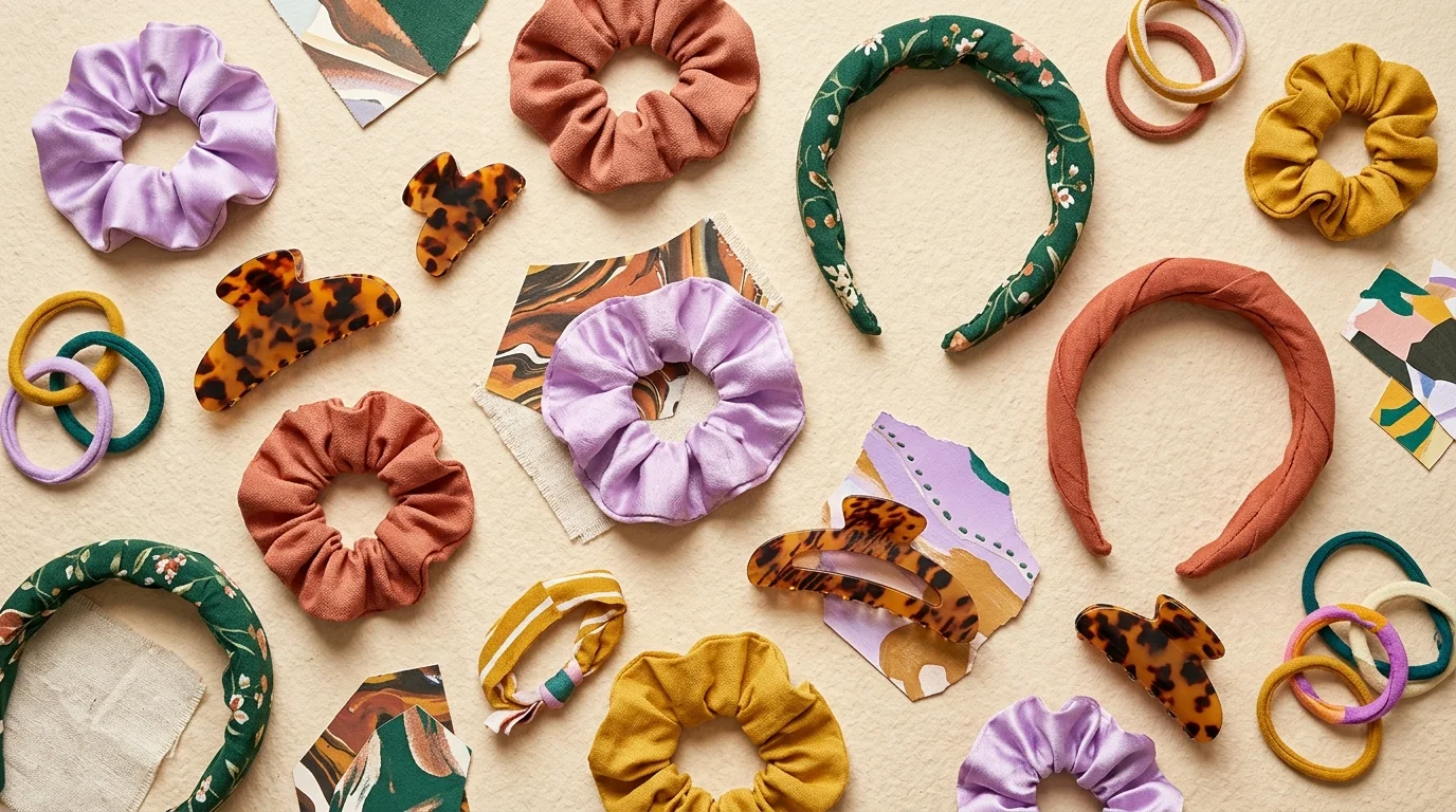 Collage of scrunchies, tortoise claw clips, padded headbands, and elastic ties scattered with colorful paper scraps.