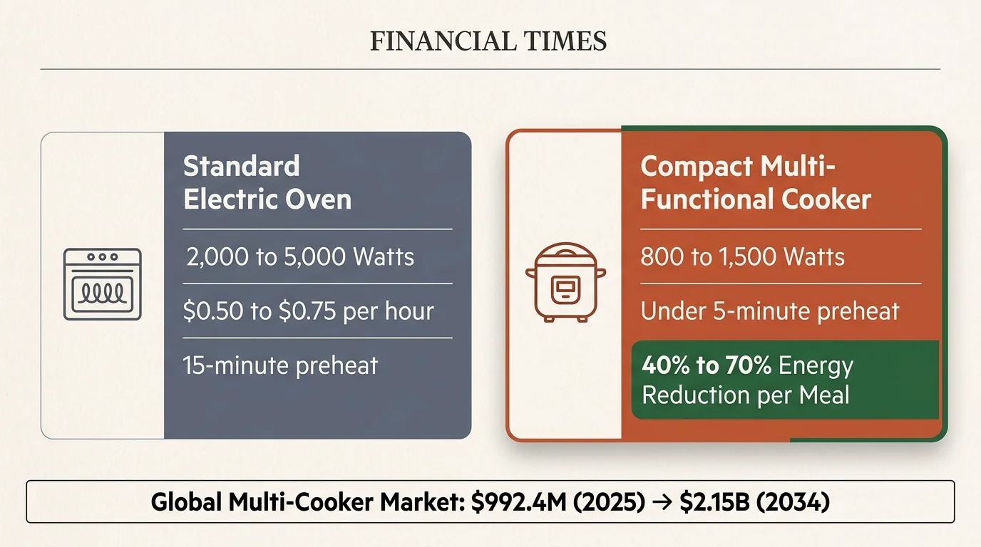 Graphic comparing wattage, preheat time, and energy reduction between a standard electric oven and a multi-cooker.