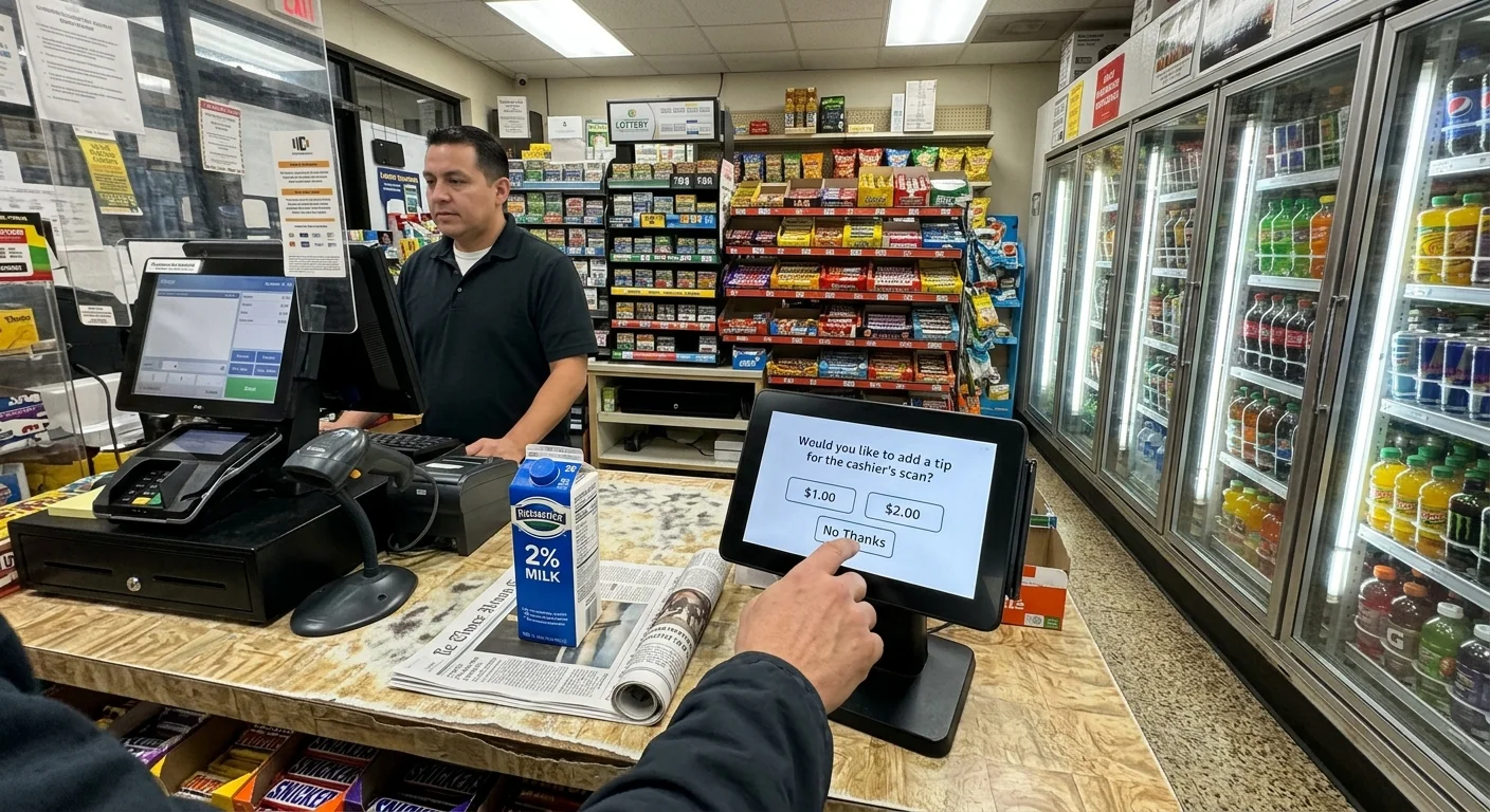 A customer presses No Thanks on a digital tip screen at a convenience store checkout counter.