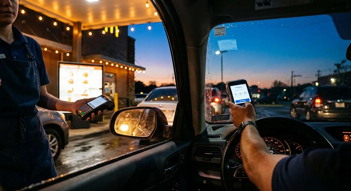 Driver holding a handheld card payment reader with tipping options while a fast-food drive-thru employee waits outside.