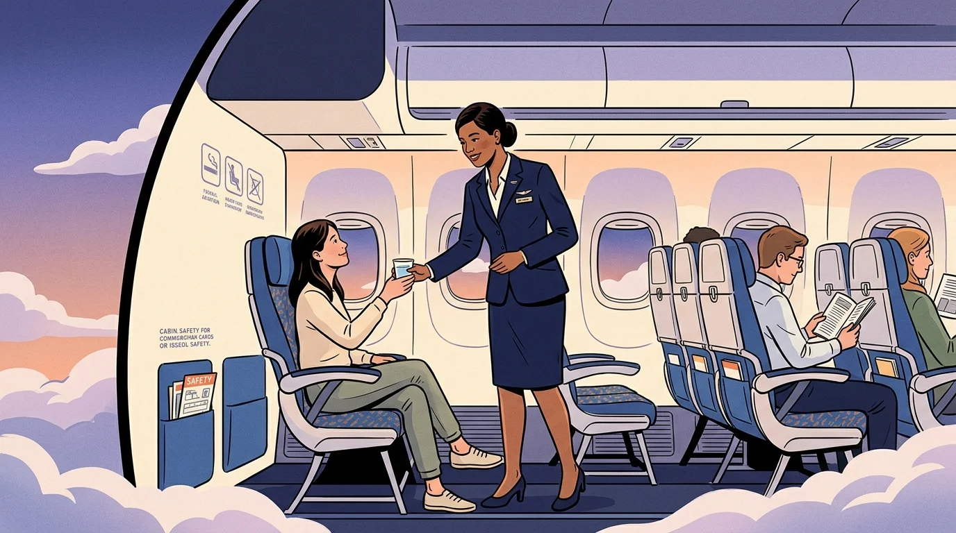 Illustration of a flight attendant in a blue uniform handing a drink to a seated passenger inside an airplane cabin.