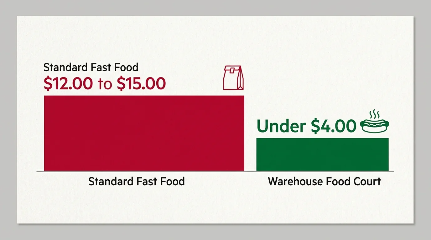 Editorial infographic comparing standard fast food prices ($12 to $15) against warehouse food court meal prices (under $4).