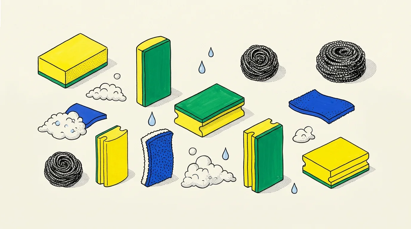 Illustration of yellow and green cleaning sponges, blue scrub pads, steel wire scrubbers, soap suds, and water droplets.