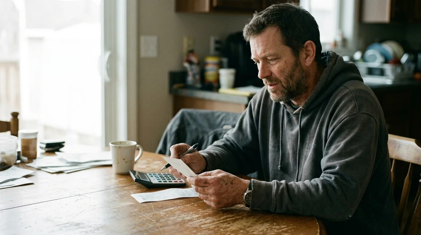 A man sitting at a wooden kitchen table reviewing paper receipts with a pen and calculator.