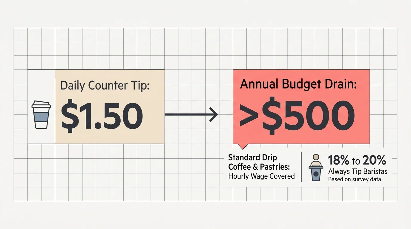 Diagram illustrating a $1.50 daily coffee counter tip leading to an annual budget drain of over $500.