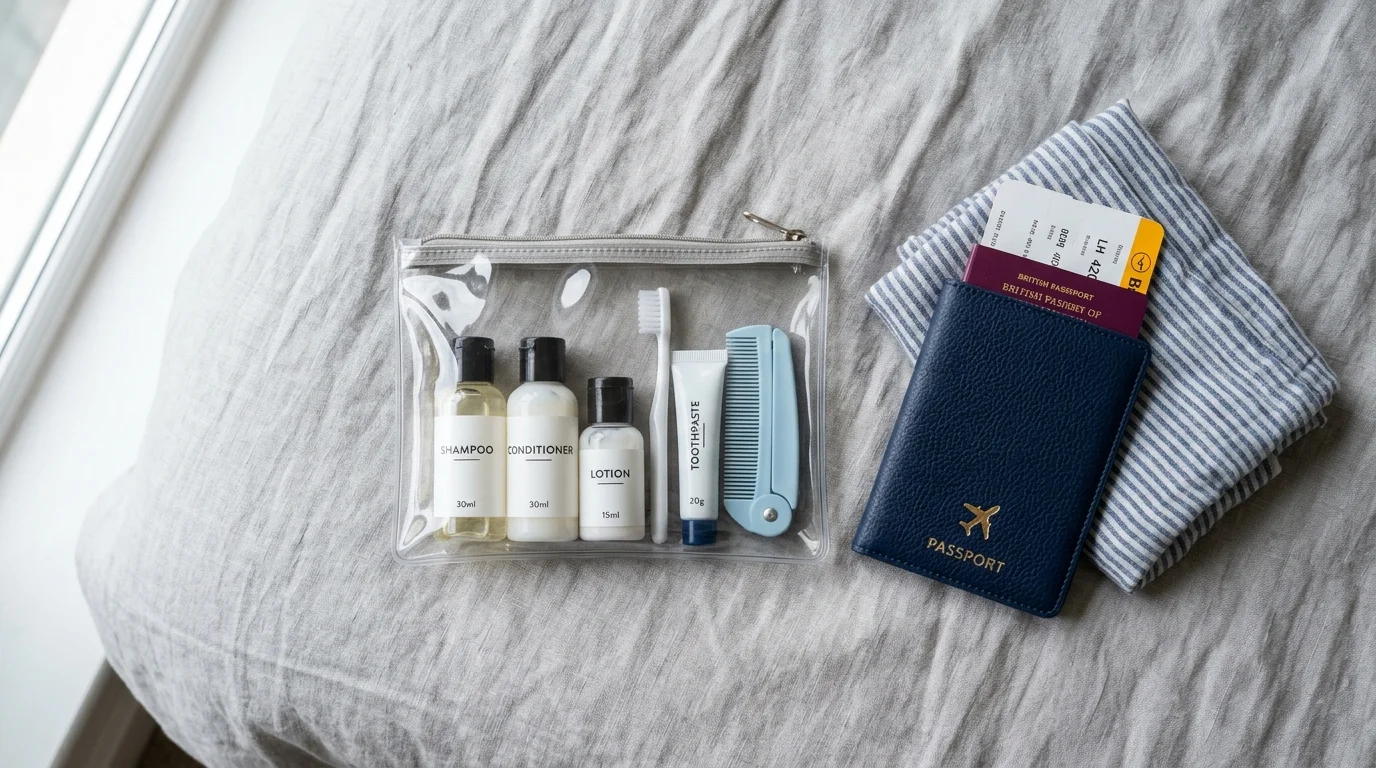 Clear travel pouch with mini shampoo, conditioner, toothbrush, and comb next to a passport holder on a textured bedspread.