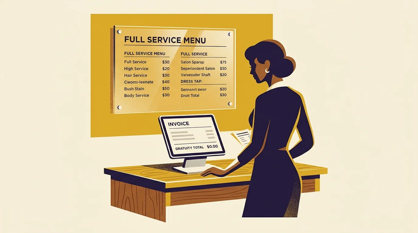 Illustration of a woman standing at a desk beside a service menu, looking at a screen showing zero gratuity.