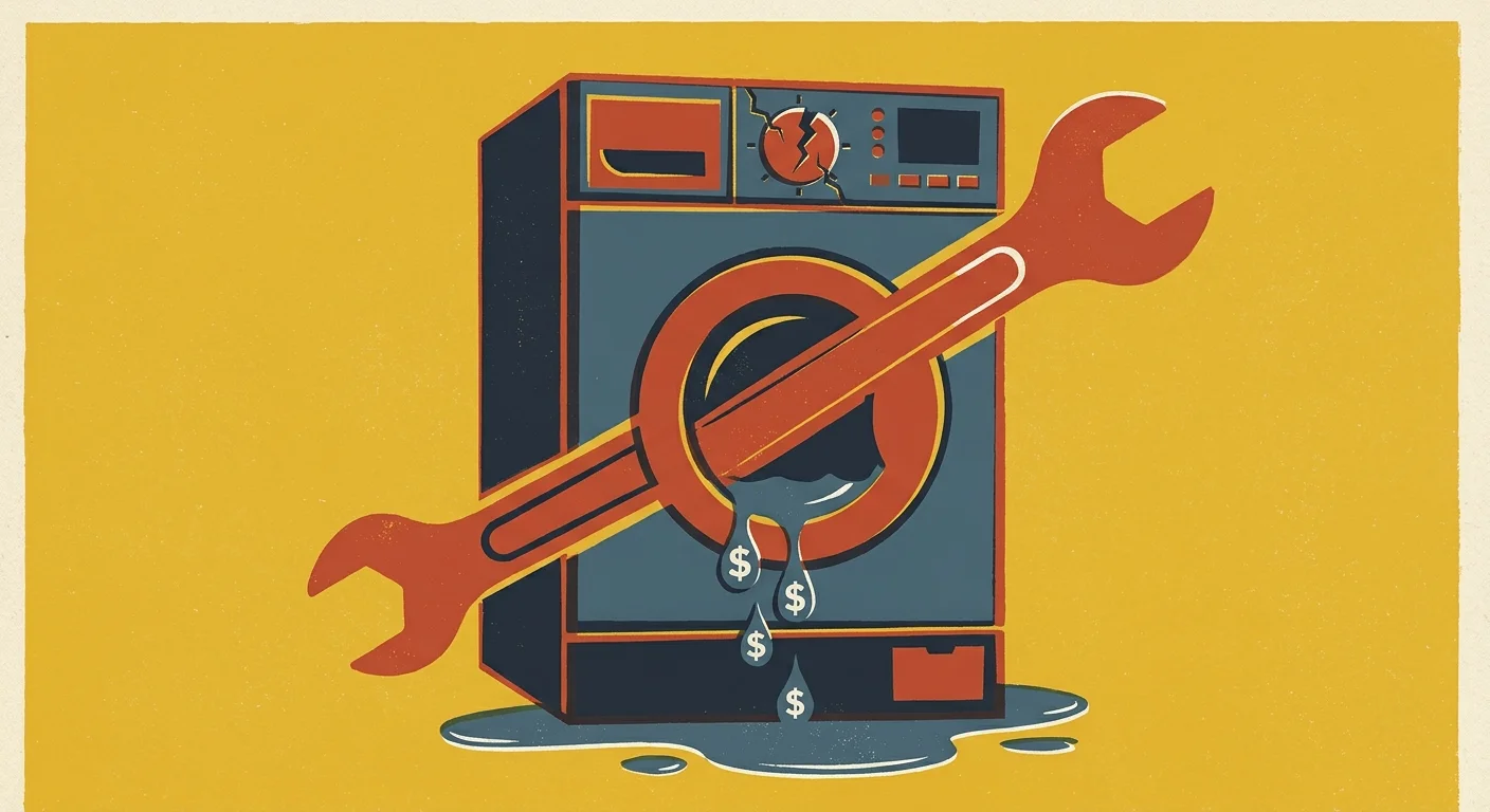 Graphic screenprint illustration of a broken washing machine leaking water droplets shaped like dollar signs.