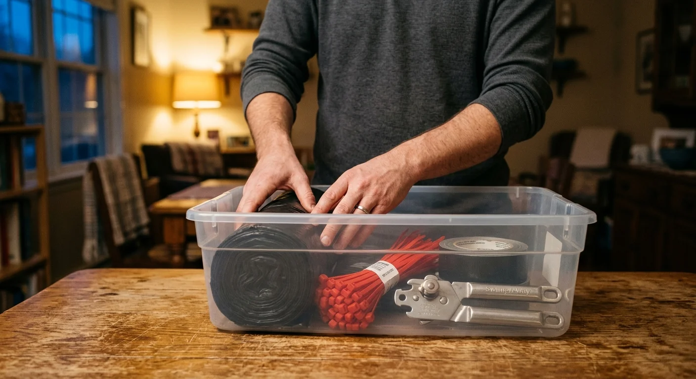 Hands organizing cheap emergency supplies like a manual can opener and trash bags into a storage bin on a wooden table.