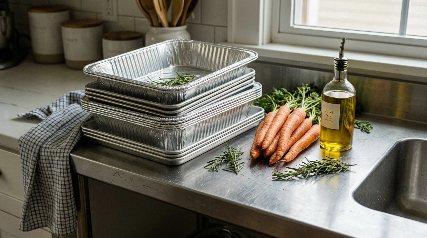 Stacked disposable aluminum foil pans beside carrots, rosemary sprigs, and an olive oil bottle on a kitchen counter.