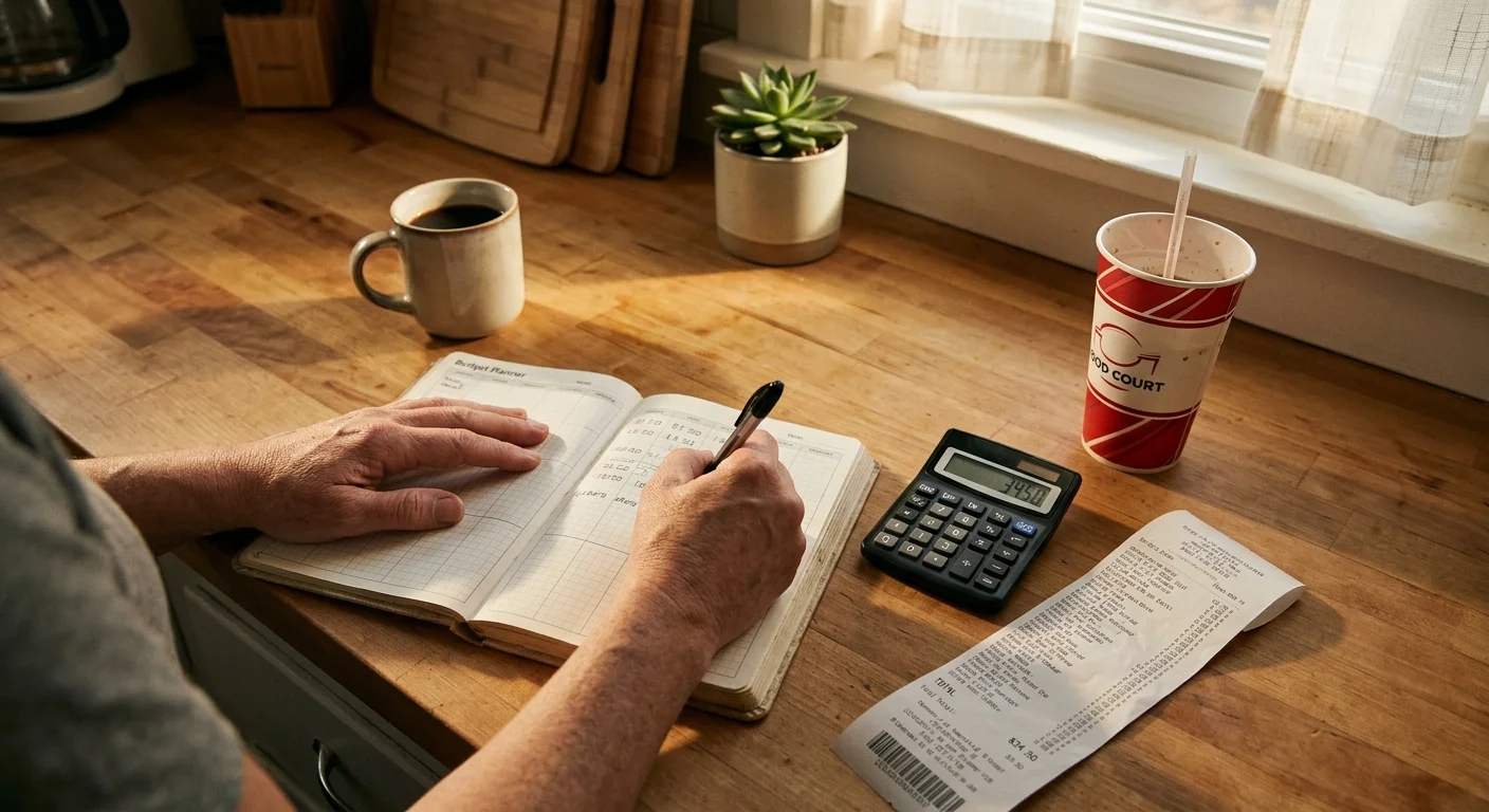High-angle candid photo of a person mapping out their monthly food budget next to a receipt and calculator on a kitchen counter.