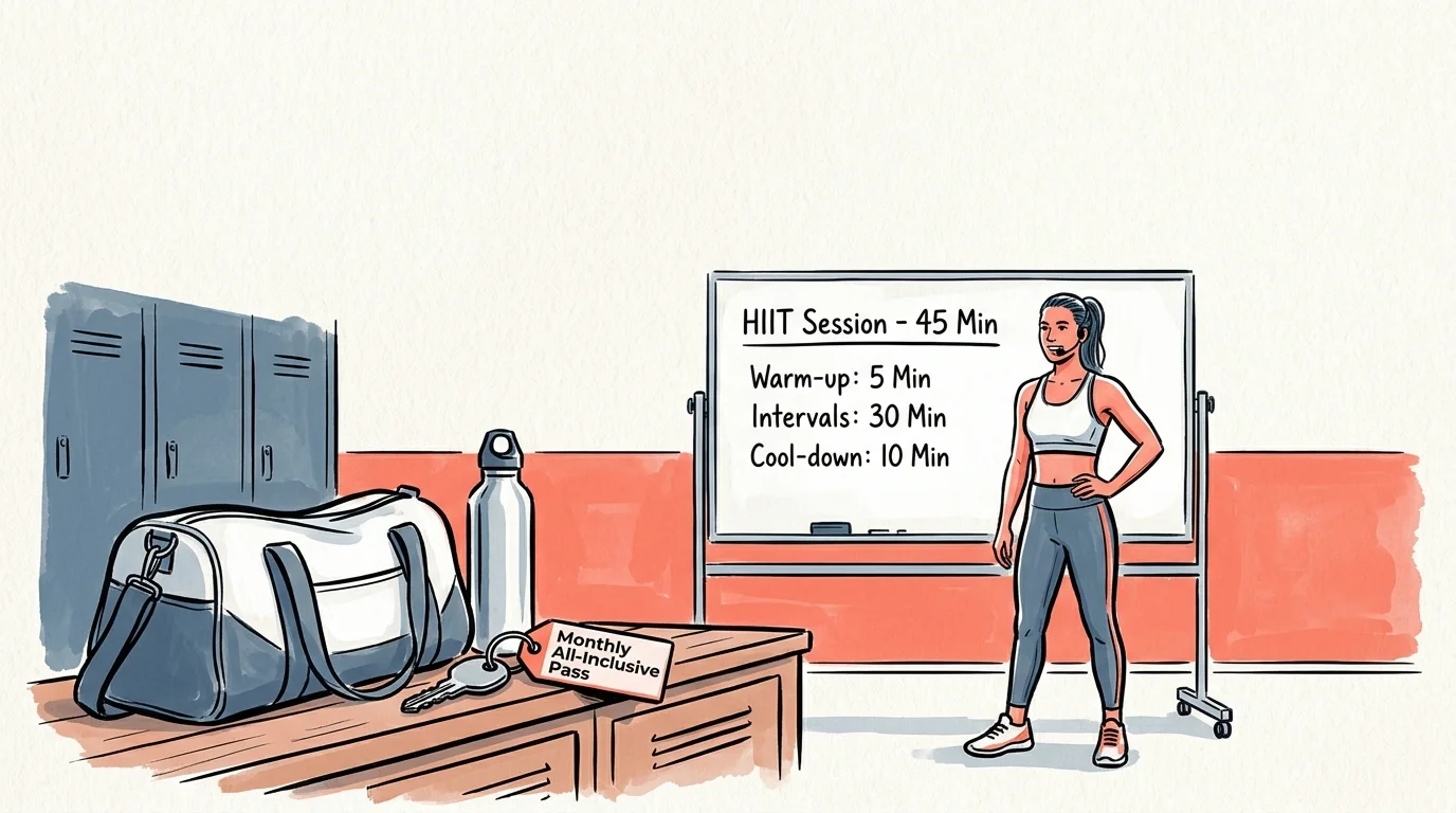Illustration of a gym locker room with a bag, pass key, and a fitness instructor standing next to a whiteboard.