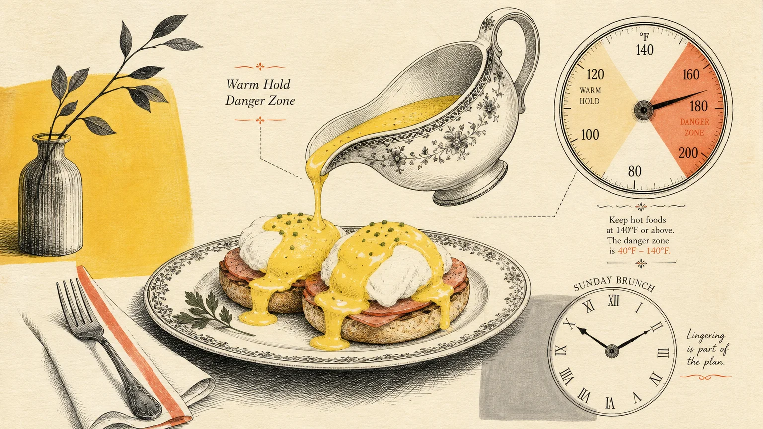 Eggs Benedict on a plate with hollandaise poured from a pitcher, beside a food temperature gauge and Sunday brunch clock.