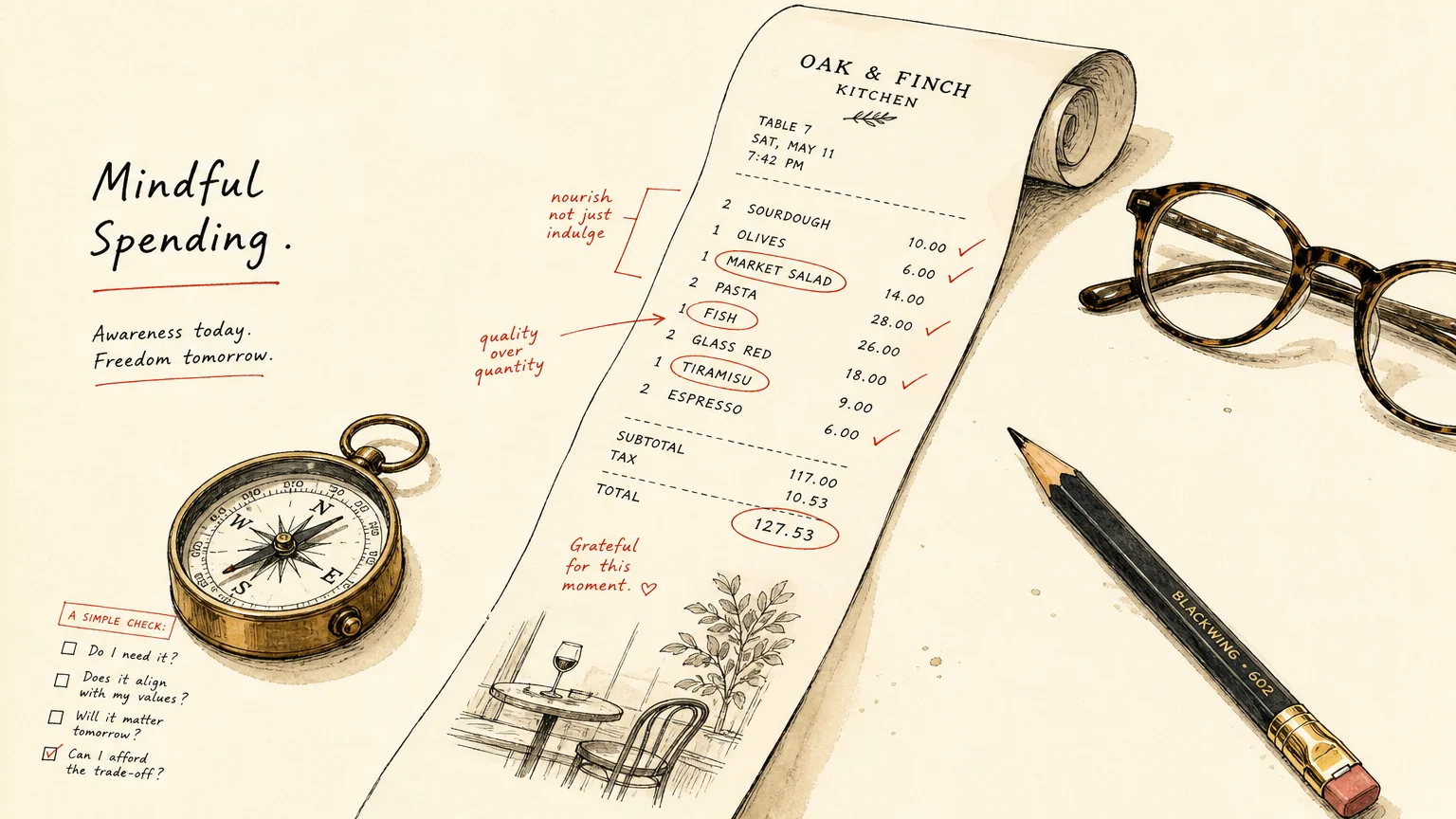 Illustration of an annotated restaurant receipt alongside tortoiseshell glasses, a pencil, and a brass compass.