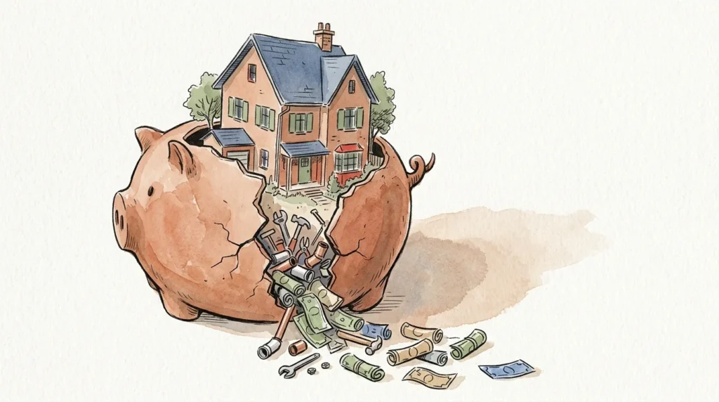 Ink and watercolor illustration of a house sitting inside a cracked piggy bank that is leaking miniature tools and paper bills.