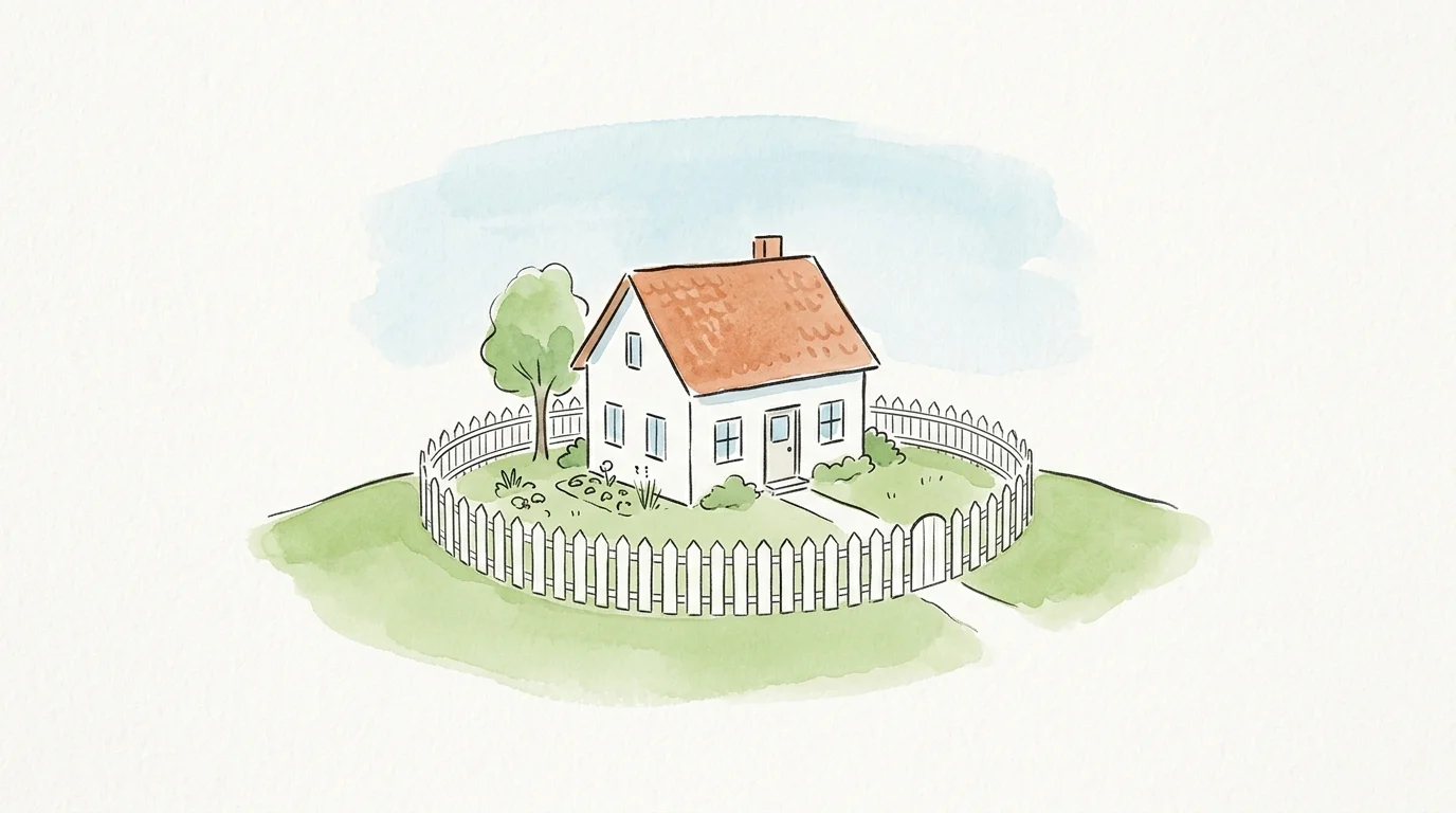 Ink and watercolor illustration of a small house safely enclosed by a neat, circular white picket fence on a green hill.