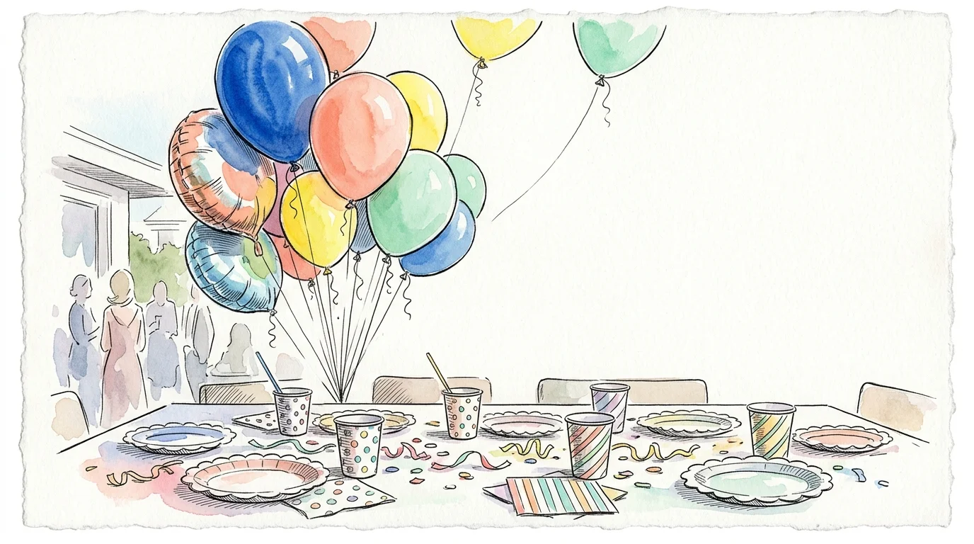 Watercolor sketch of a festive party table set with paper plates, cups, confetti, and a large balloon bouquet.