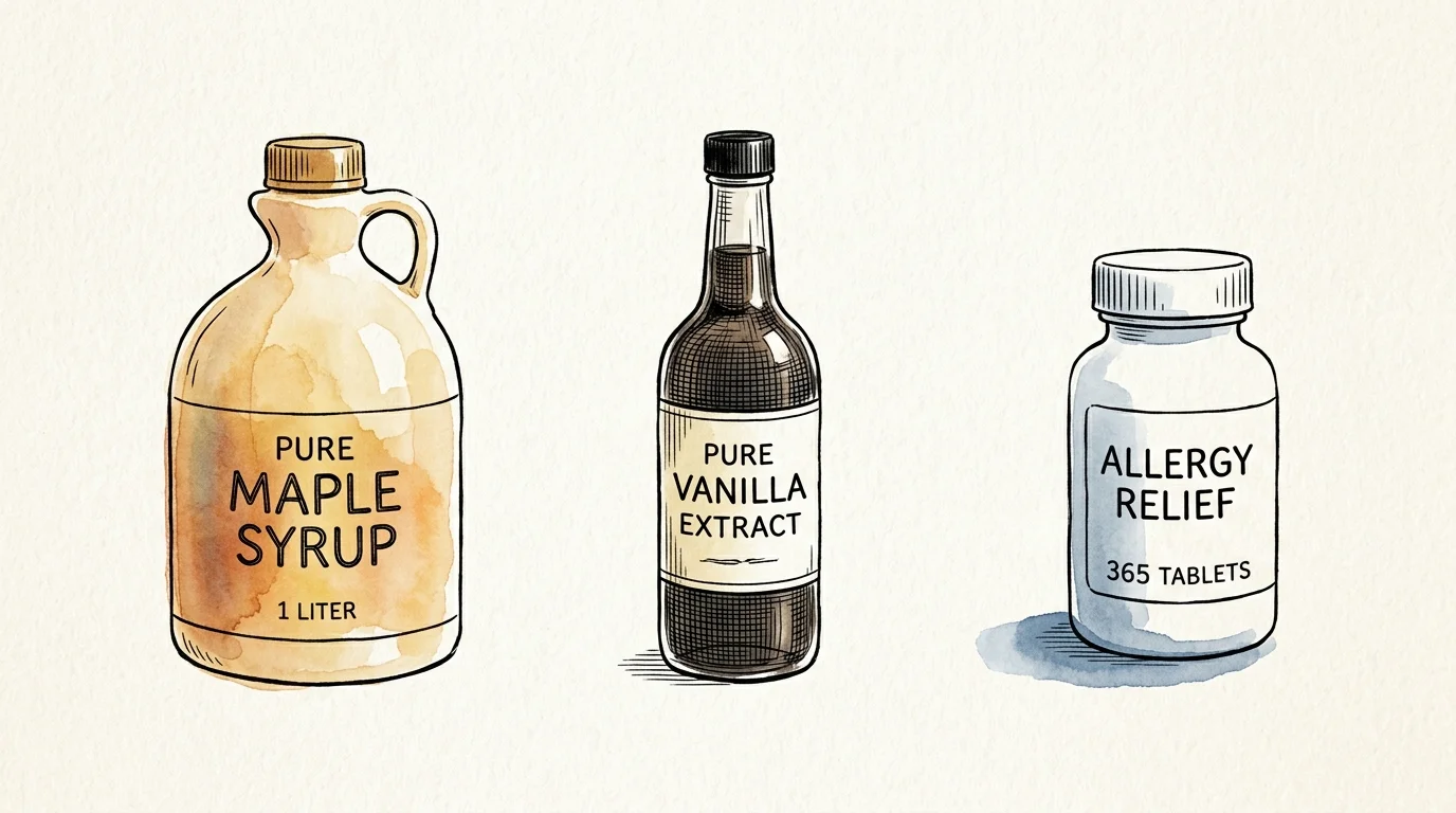 Ink and watercolor illustrations of a maple syrup jug, a vanilla extract bottle, and an allergy medicine bottle.