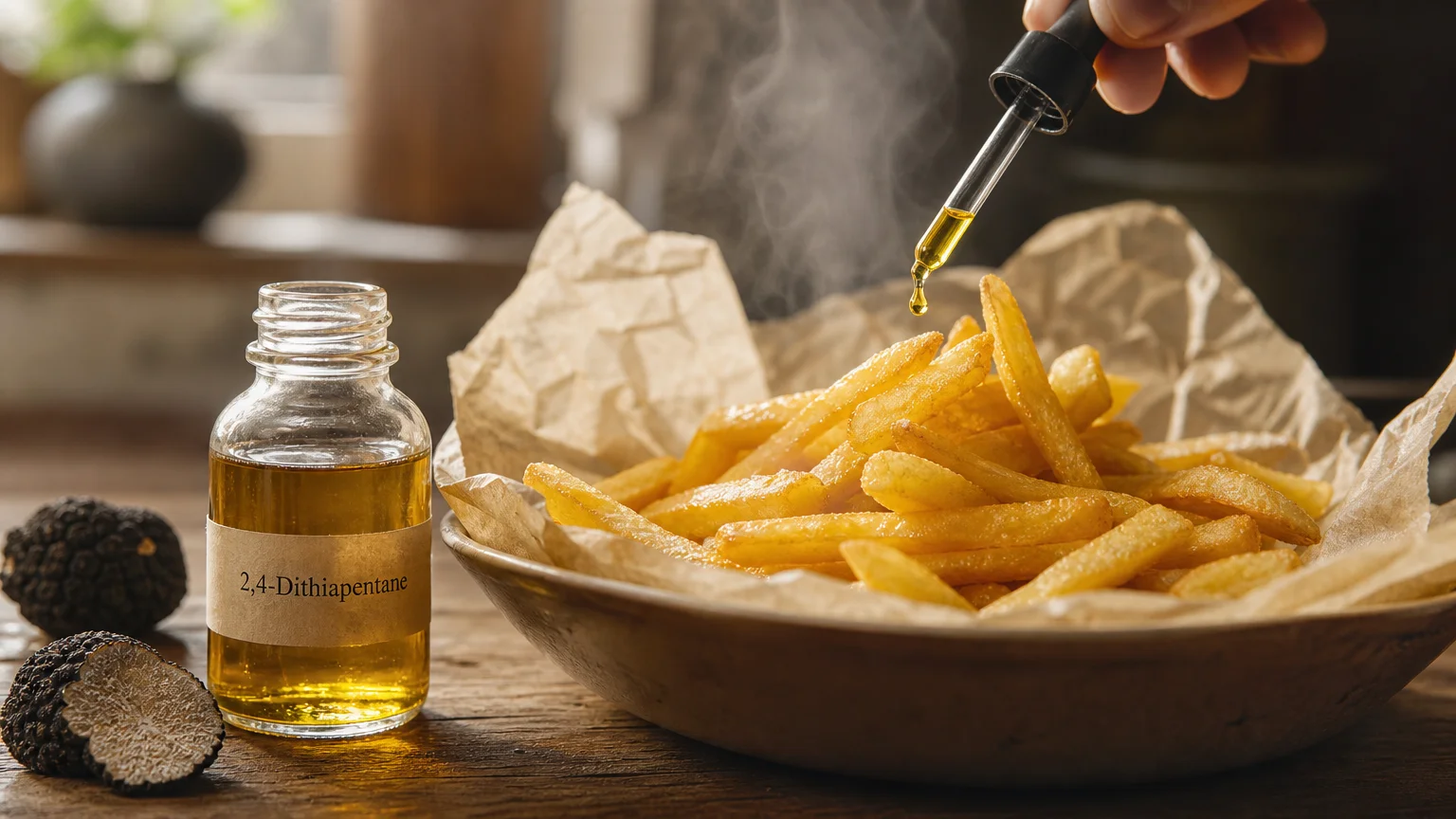 A dropper drips oil onto french fries next to a bottle labeled 2,4-Dithiapentane and whole truffles.