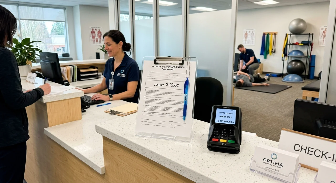 Reception desk at a physical therapy clinic with a receptionist, clipboard, and card reader showing no tip required.