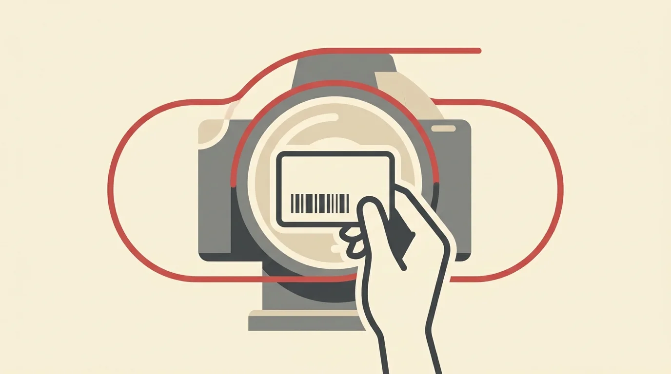 Minimalist conceptual illustration of a hand scanning a membership card at a kiosk under a stylized red warning line.