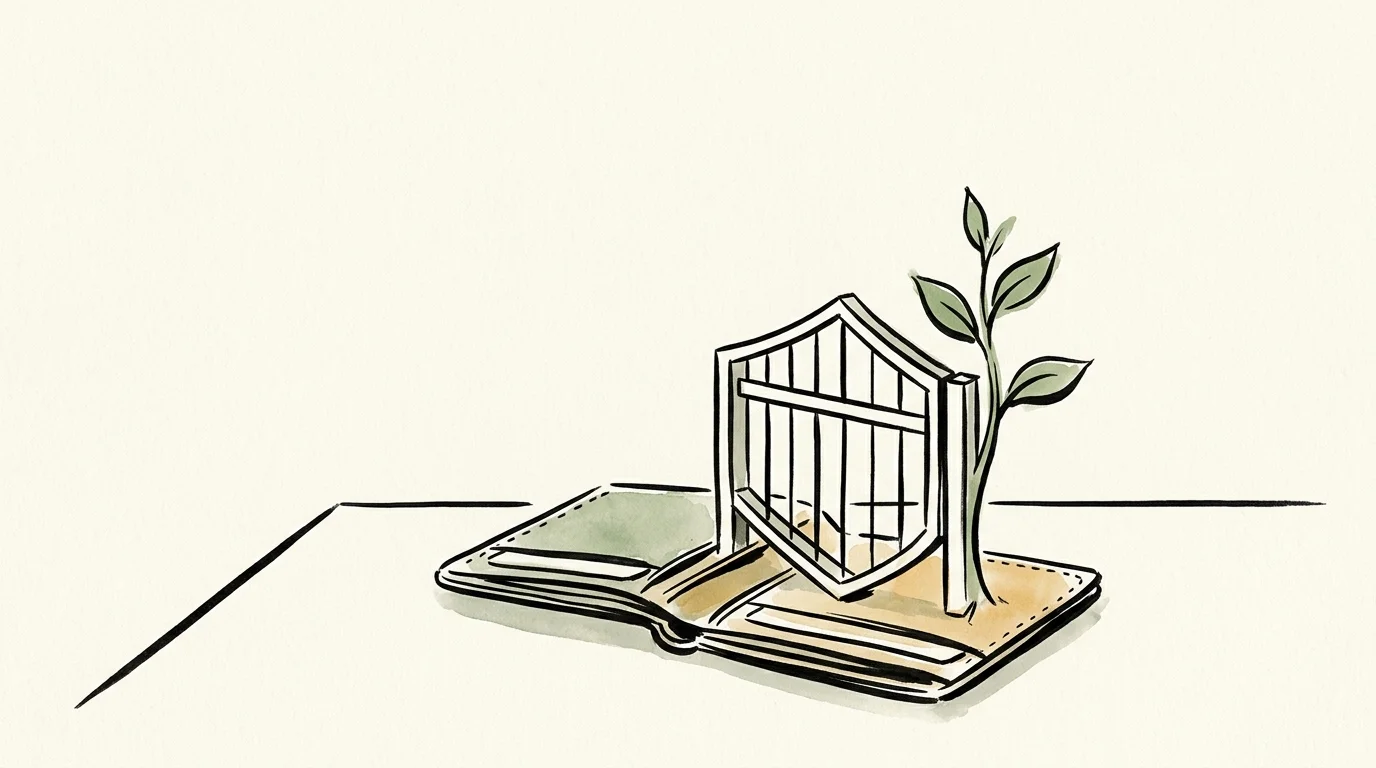Illustration of an open wallet with a small wooden gate and a growing green sprout rising from inside.