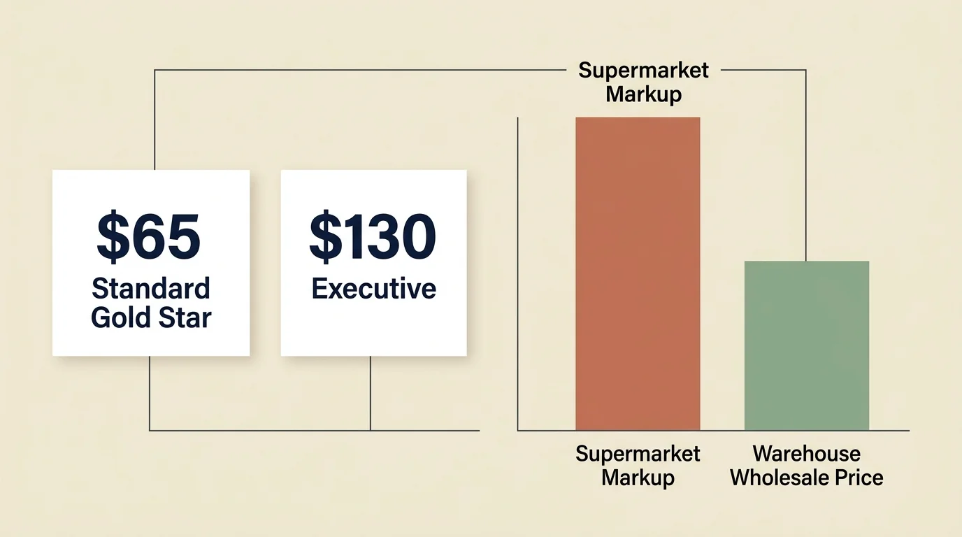 Minimalist infographic comparing standard sixty-five dollar and executive membership fees with warehouse savings.