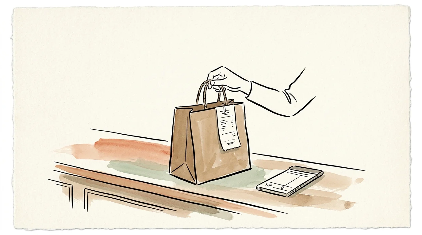 Watercolor sketch of a hand picking up a brown paper takeout bag on a counter next to a receipt showing a zero tip.