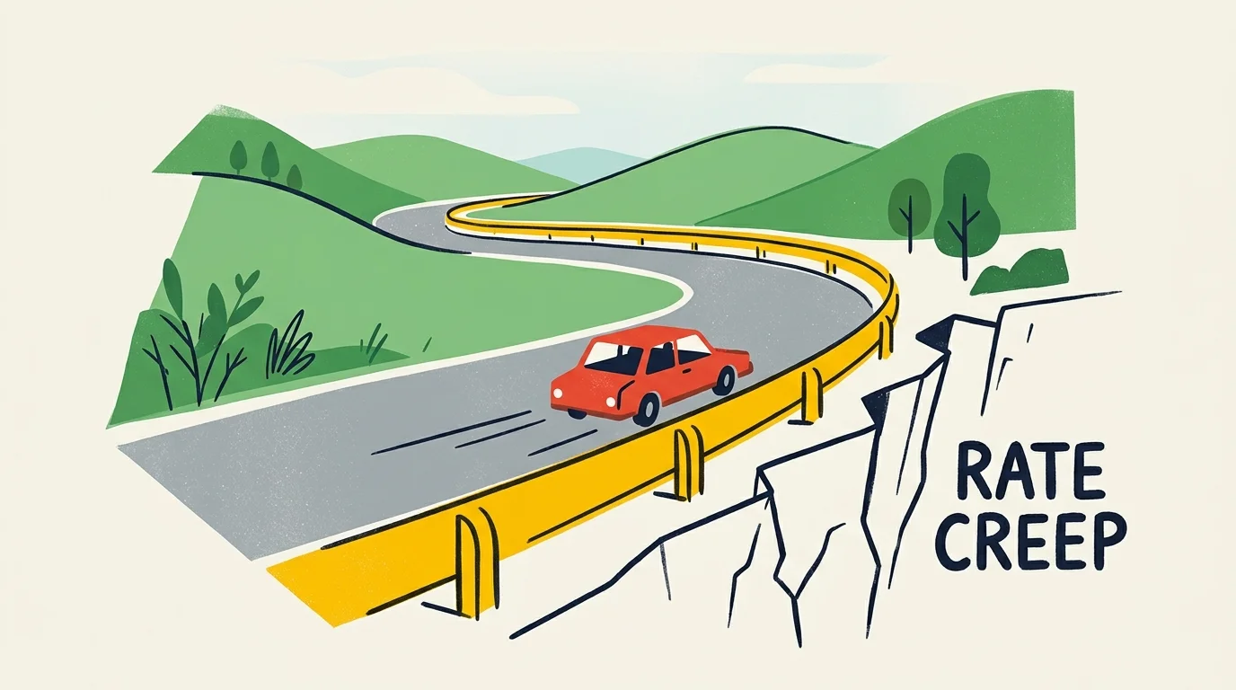 Minimalist screenprint illustration of a car driving safely behind a yellow guardrail on a scenic road.