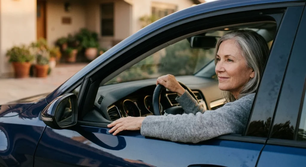 Photograph of an active woman in her early 60s sitting relaxed in her car, smiling in a sunlit driveway.