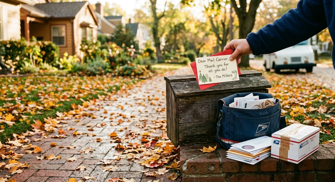 A mail carrier holds a thank-you note over a wooden mailbox alongside a USPS mail bag, letters, and parcel in autumn.