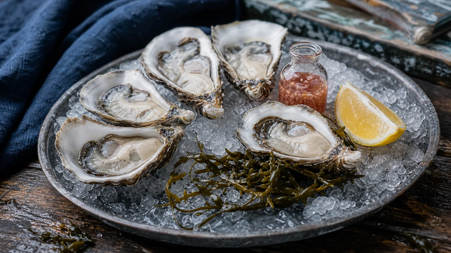 Fresh raw oysters served on crushed ice with a lemon wedge and mignonette sauce in a small glass jar.