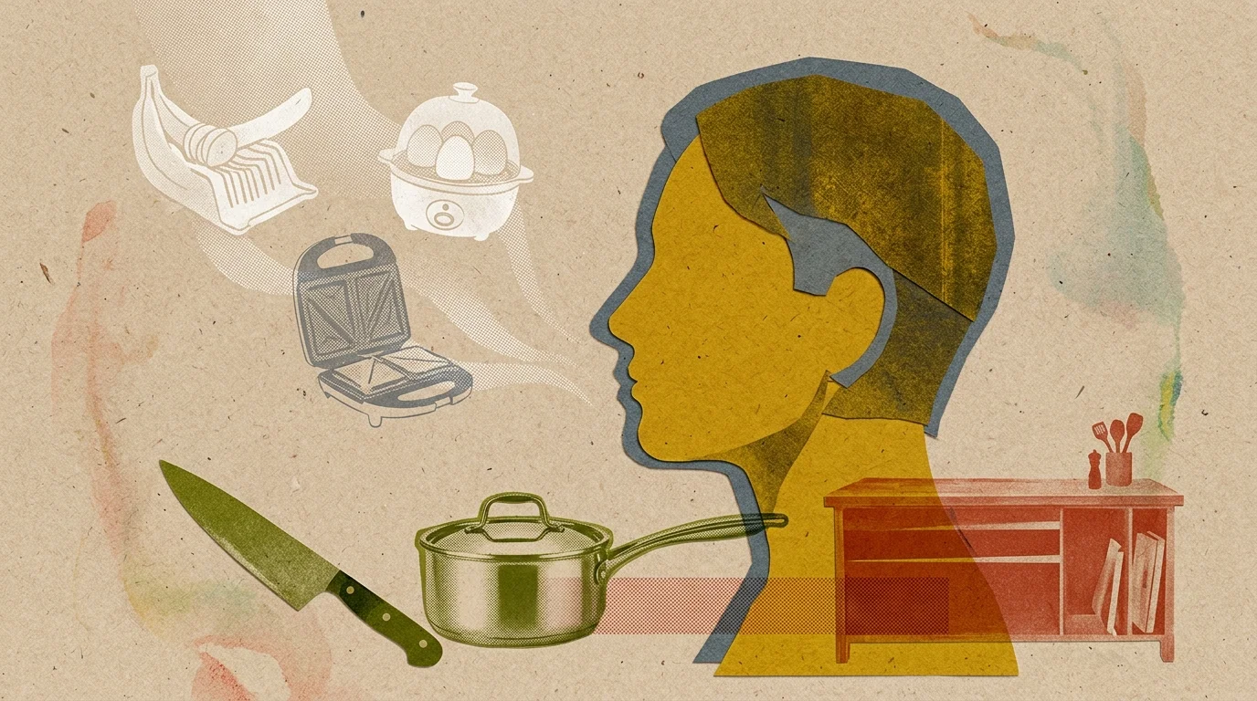 Risograph collage illustration of a thoughtful cook silhouette choosing essential tools over fading single-use impulse gadgets.