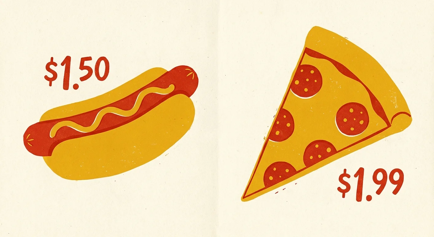 Risograph style illustration of a hot dog labeled $1.50 and a pizza slice labeled $1.99 in retro red and yellow ink.